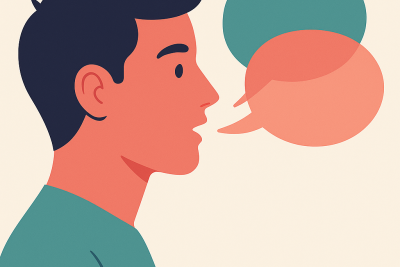 Ilustración estilo plano de un perfil hablando con burbujas de diálogo; comunicación asertiva y expresión clara.